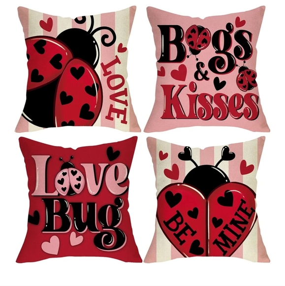 NEW Set of 4 Love Bug Lady Bug Zip-Up Throw Pillow Covers  Valentines - Picture 1 of 6